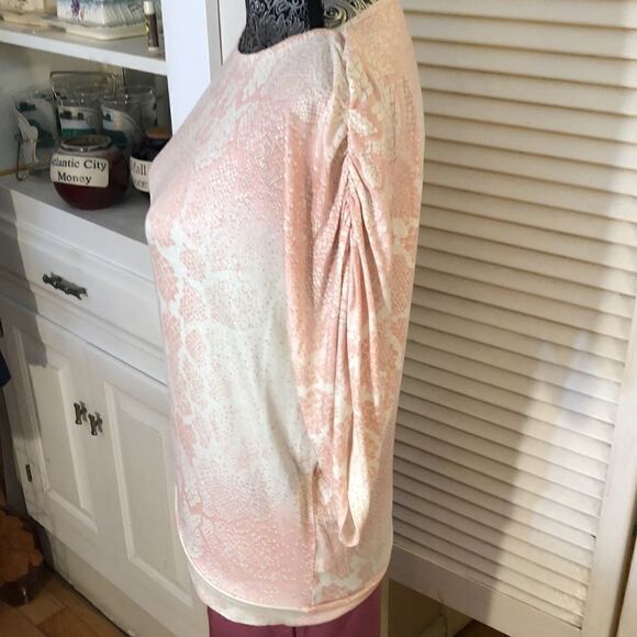 NWOT Juicy Couture Pink Shimmer Snakeskin Blouse with Ruched Sleeve. Small. - Picture 3 of 8